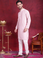 Jompers Men's Chikankari Embroidered Kurta with Pyjama - Pink | Grocsy