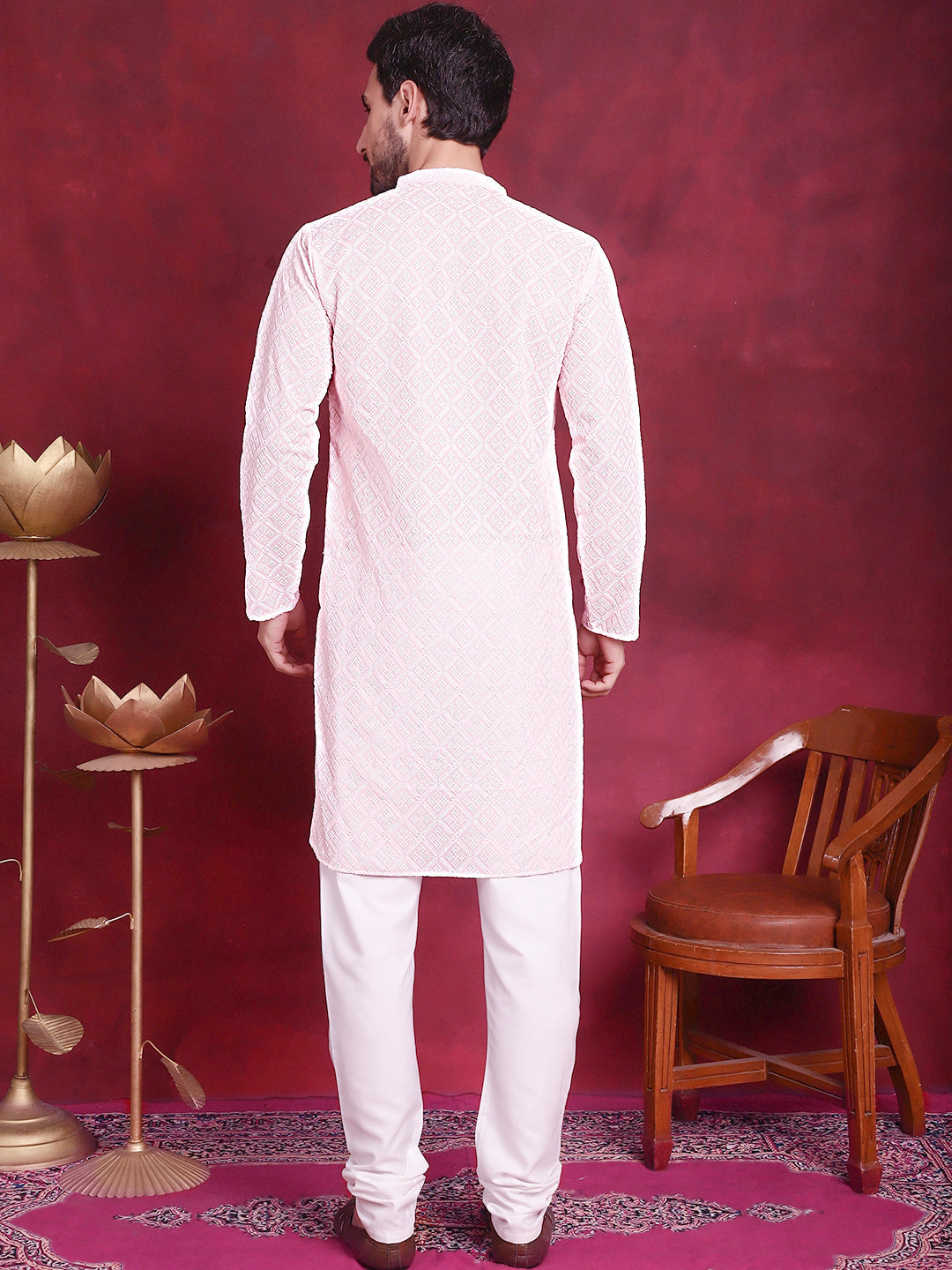 Jompers Men's Chikankari Embroidered Kurta with Pyjama - Pink | Grocsy
