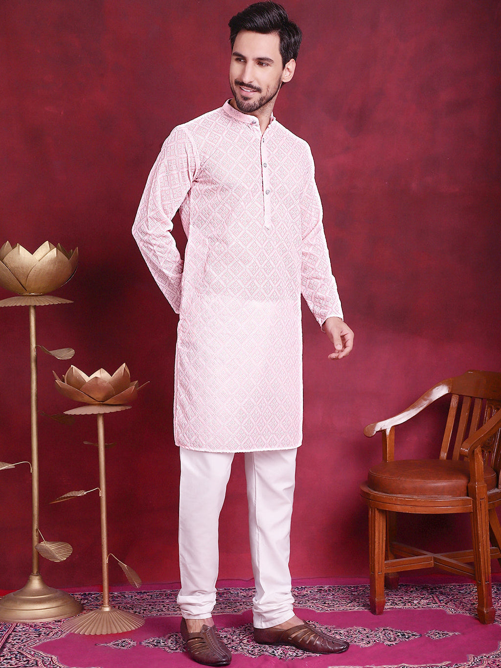 Jompers Men's Chikankari Embroidered Kurta with Pyjama - Pink | Grocsy