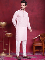Jompers Men's Chikankari Embroidered Kurta with Pyjama - Pink | Grocsy