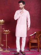 Jompers Men's Chikankari Embroidered Kurta with Pyjama - Pink | Grocsy