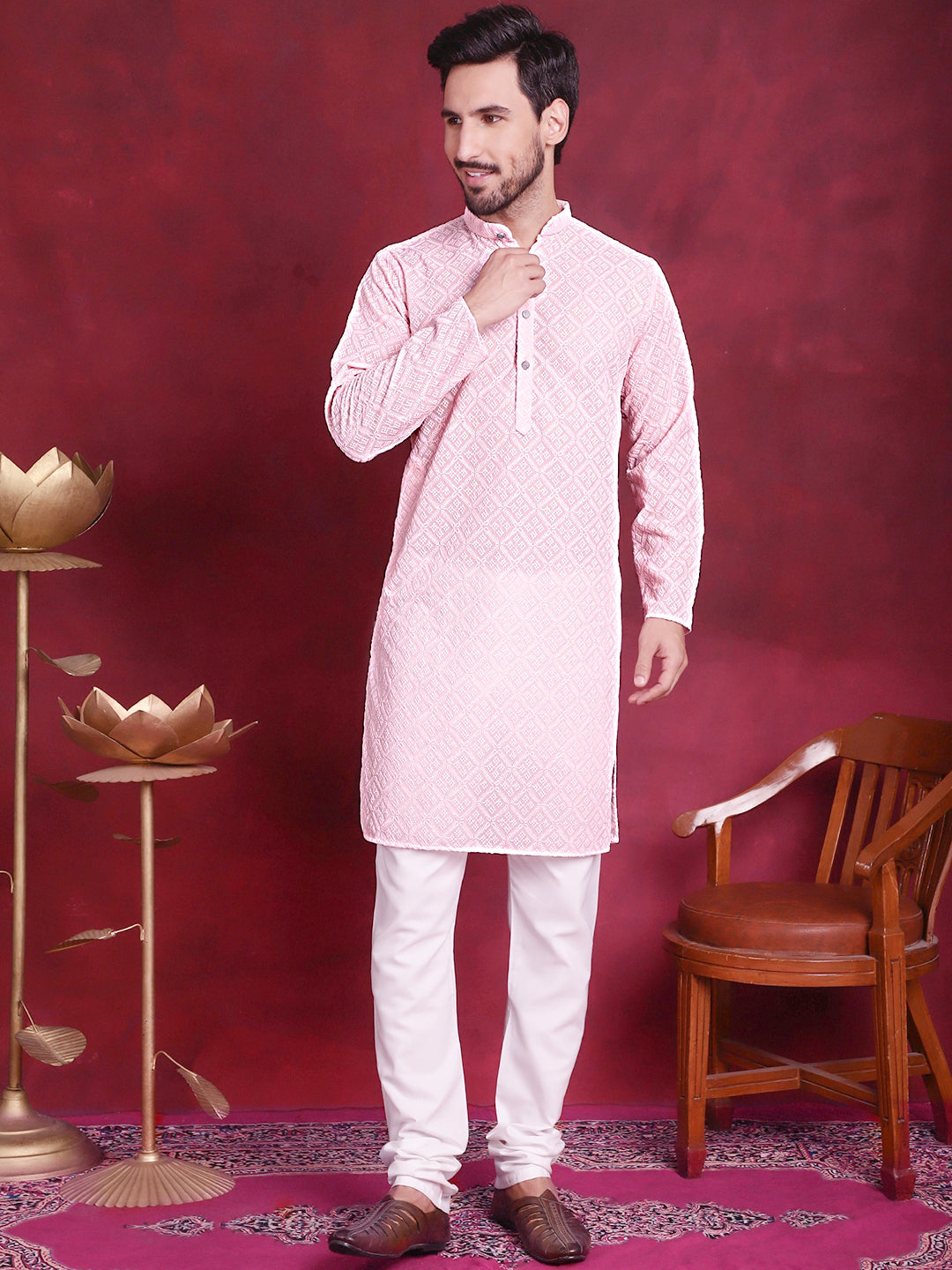 Jompers Men's Chikankari Embroidered Kurta with Pyjama - Pink | Grocsy