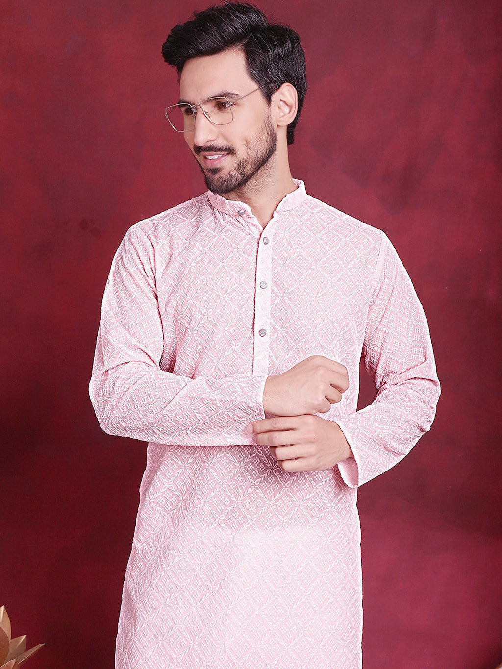 Jompers Men's Chikankari Embroidered Kurta with Pyjama - Pink | Grocsy