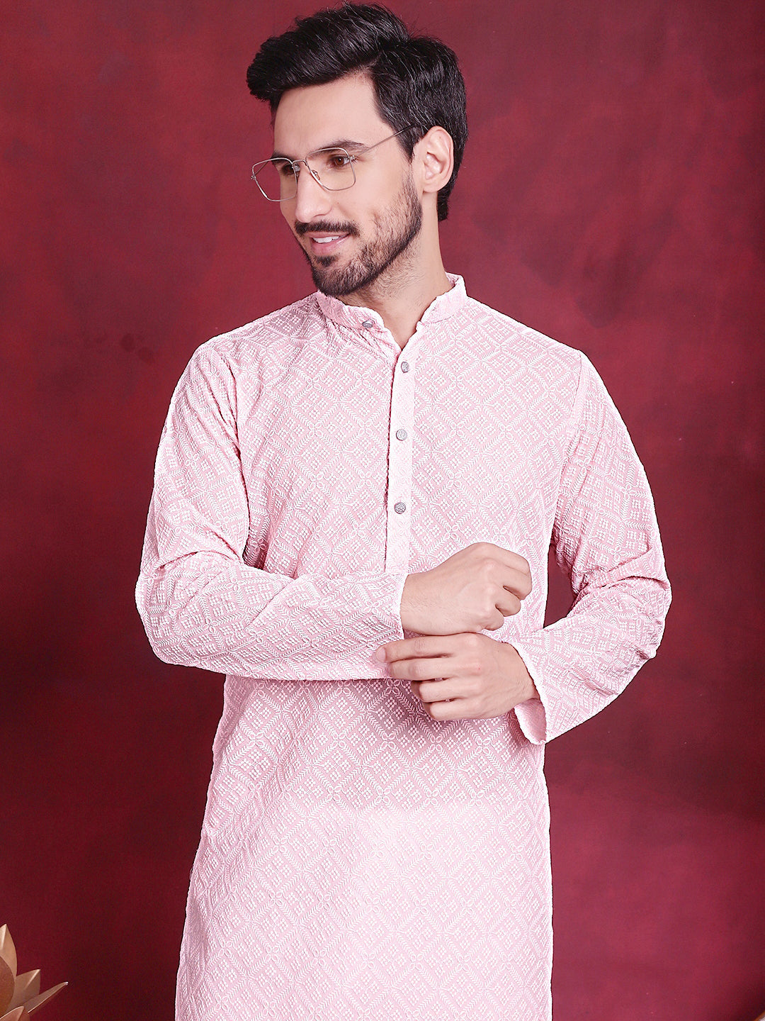 Jompers Men's Chikankari Embroidered Kurta with Pyjama - Pink | Grocsy