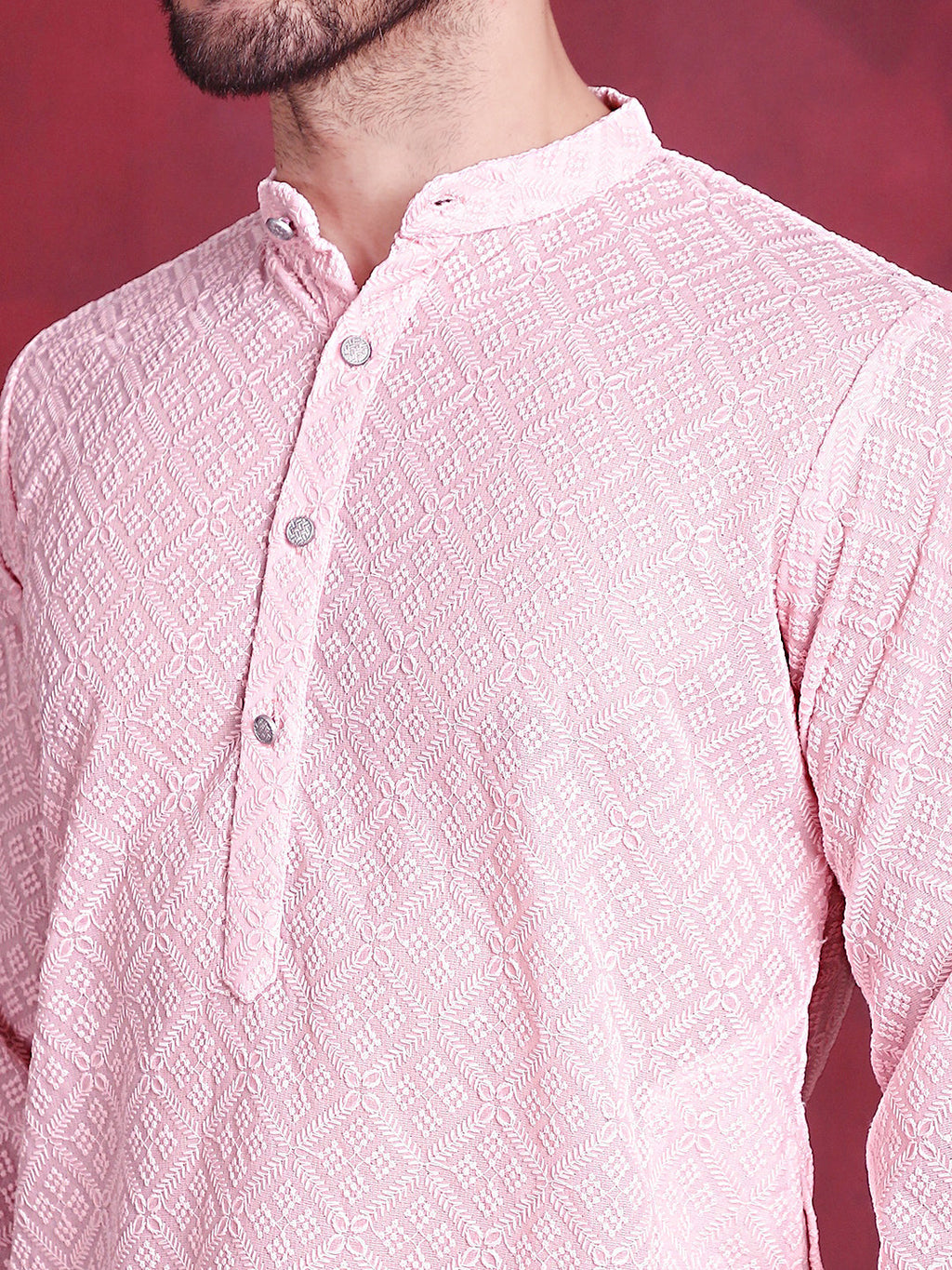 Jompers Men's Chikankari Embroidered Kurta with Pyjama - Pink | Grocsy