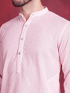 Jompers Men's Chikankari Embroidered Kurta with Pyjama - Pink | Grocsy