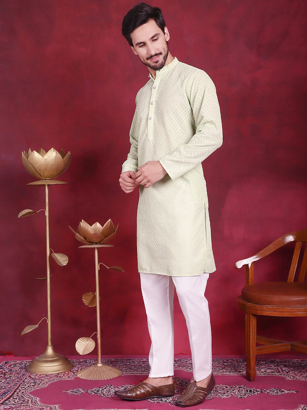 Jompers Men's Chikankari Embroidered Kurta with Pyjama - Pista | Grocsy