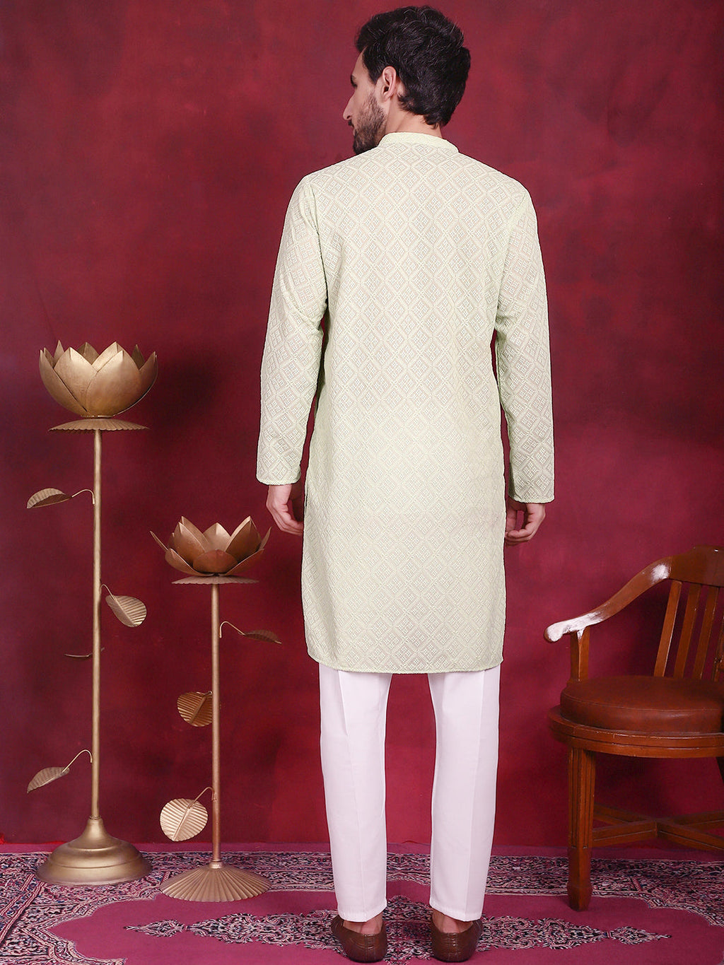 Jompers Men's Chikankari Embroidered Kurta with Pyjama - Pista | Grocsy