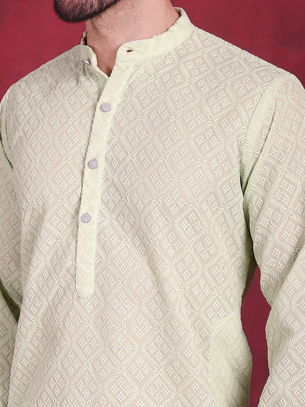 Jompers Men's Chikankari Embroidered Kurta with Pyjama - Pista | Grocsy