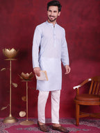 Jompers Men's Chikankari Embroidered Kurta with Pyjama - Sky Blue | Grocsy