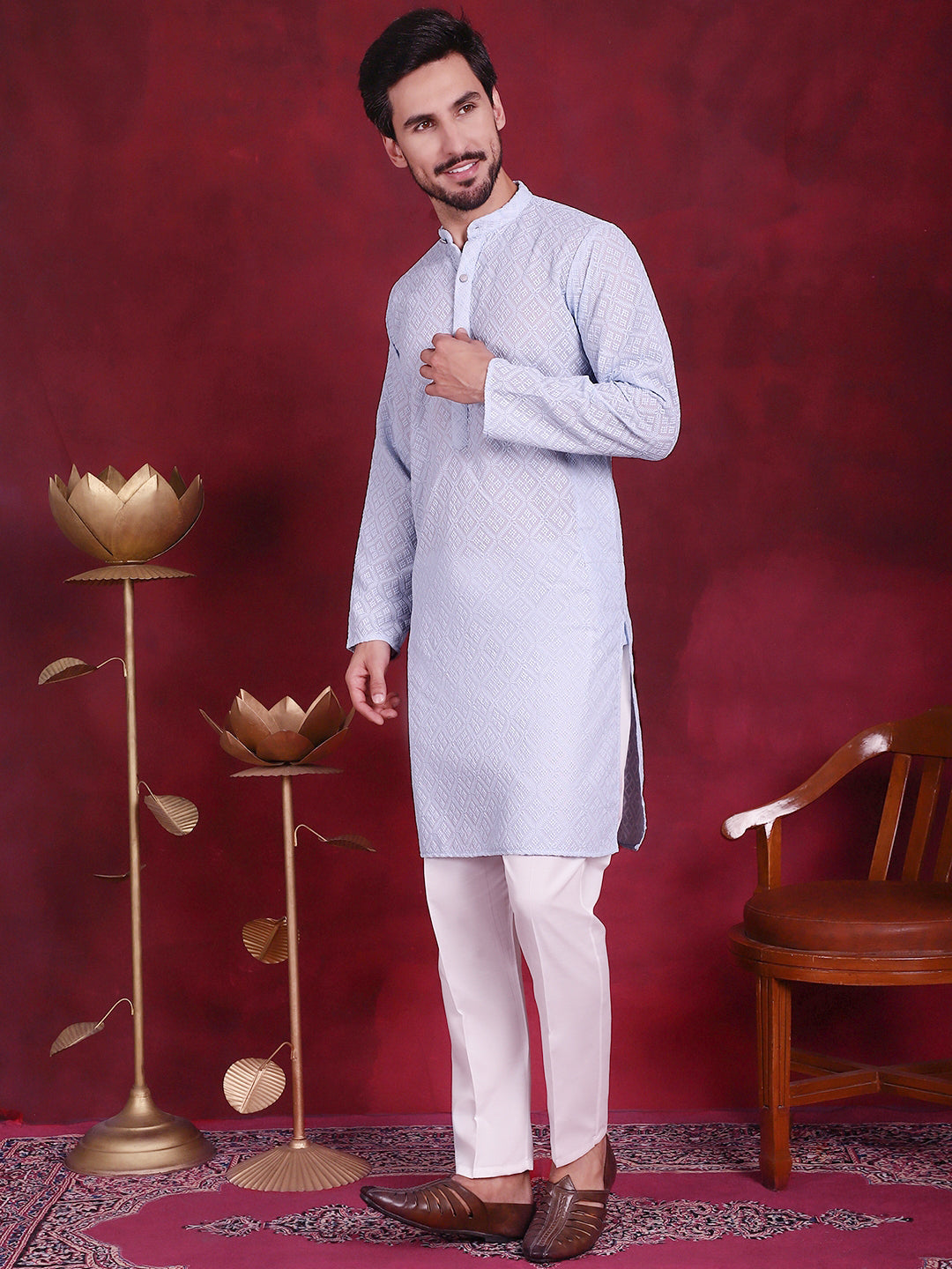 Jompers Men's Chikankari Embroidered Kurta with Pyjama - Sky Blue | Grocsy