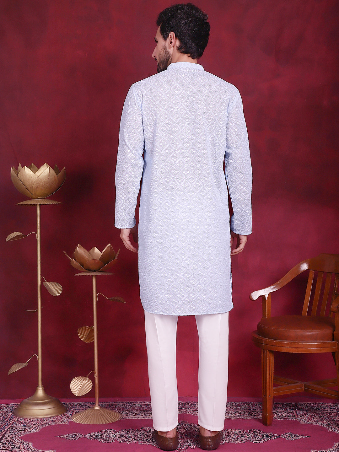 Jompers Men's Chikankari Embroidered Kurta with Pyjama - Sky Blue | Grocsy