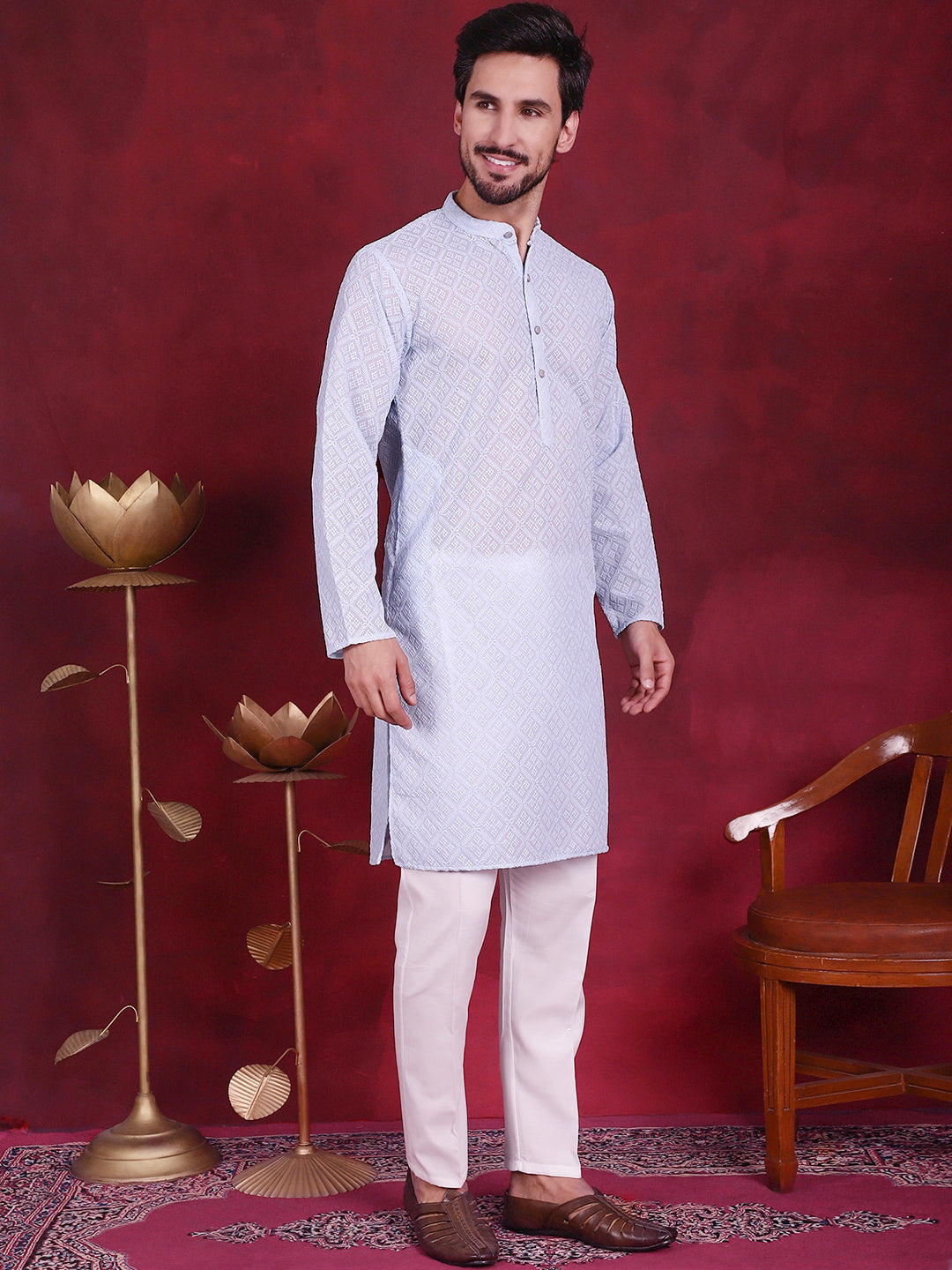 Jompers Men's Chikankari Embroidered Kurta with Pyjama - Sky Blue | Grocsy