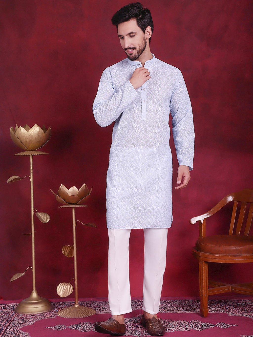 Jompers Men's Chikankari Embroidered Kurta with Pyjama - Sky Blue | Grocsy