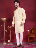 Jompers Men's Chikankari Embroidered Kurta with Pyjama - Yellow | Grocsy