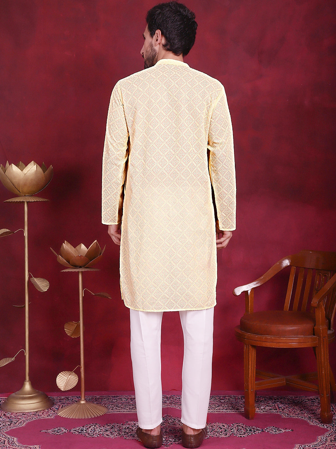 Jompers Men's Chikankari Embroidered Kurta with Pyjama - Yellow | Grocsy