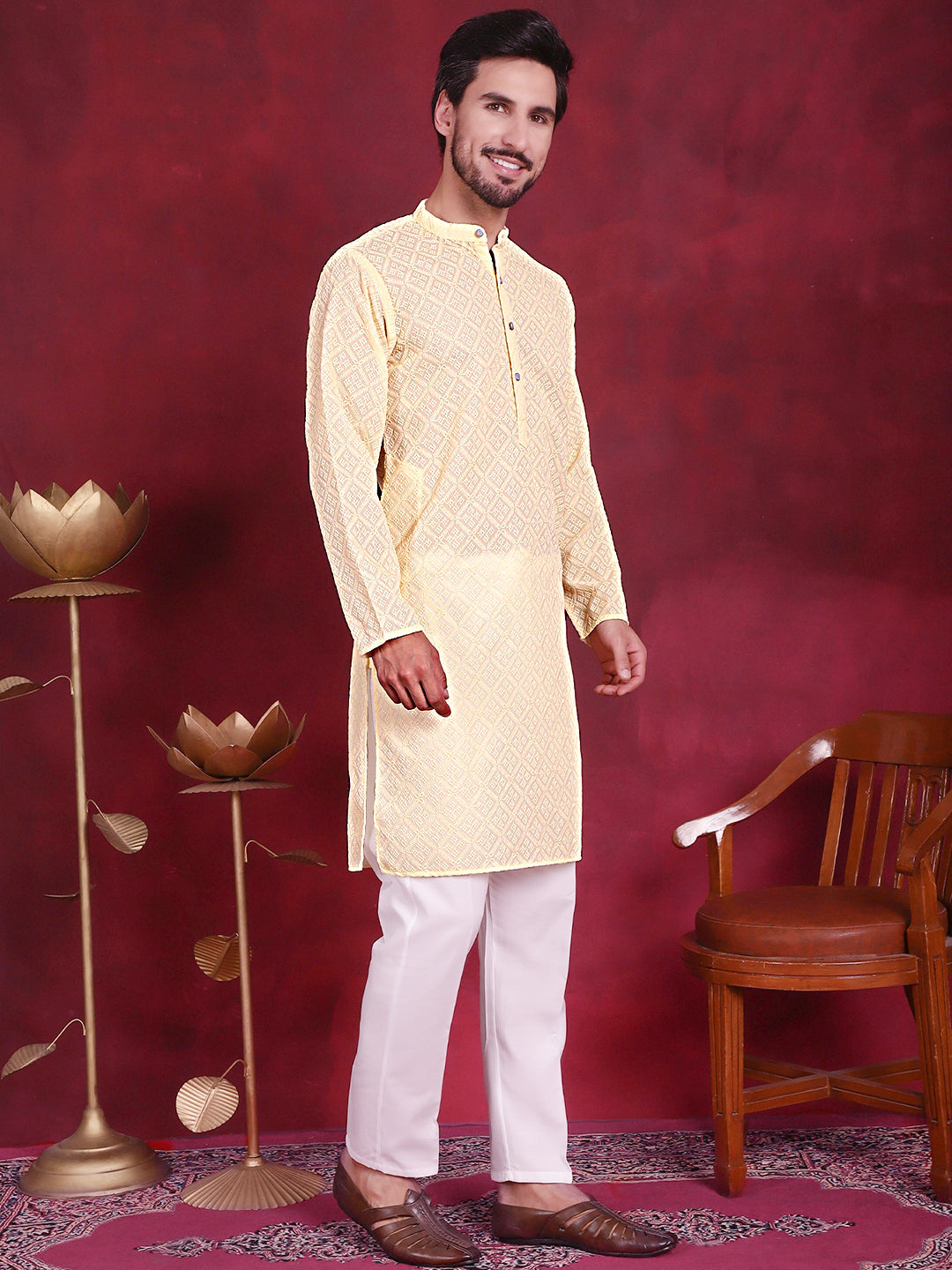 Jompers Men's Chikankari Embroidered Kurta with Pyjama - Yellow | Grocsy