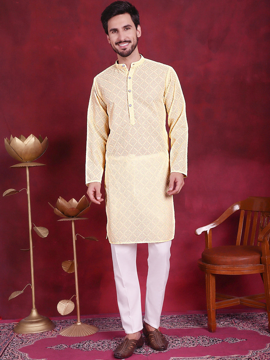 Jompers Men's Chikankari Embroidered Kurta with Pyjama - Yellow | Grocsy