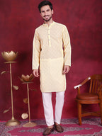 Jompers Men's Chikankari Embroidered Kurta with Pyjama - Yellow | Grocsy