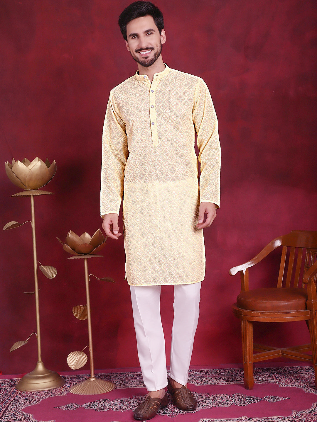 Jompers Men's Chikankari Embroidered Kurta with Pyjama - Yellow | Grocsy
