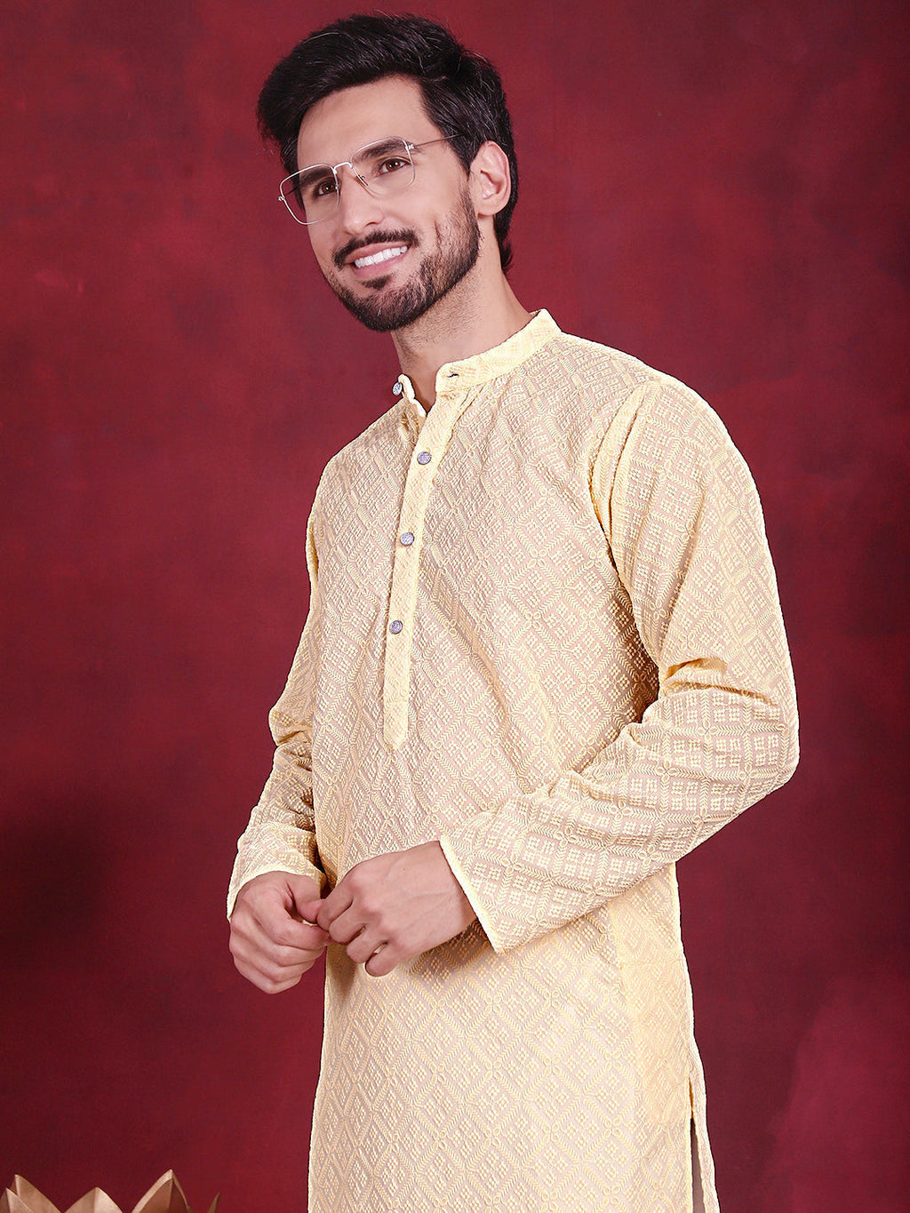 Jompers Men's Chikankari Embroidered Kurta with Pyjama - Yellow | Grocsy