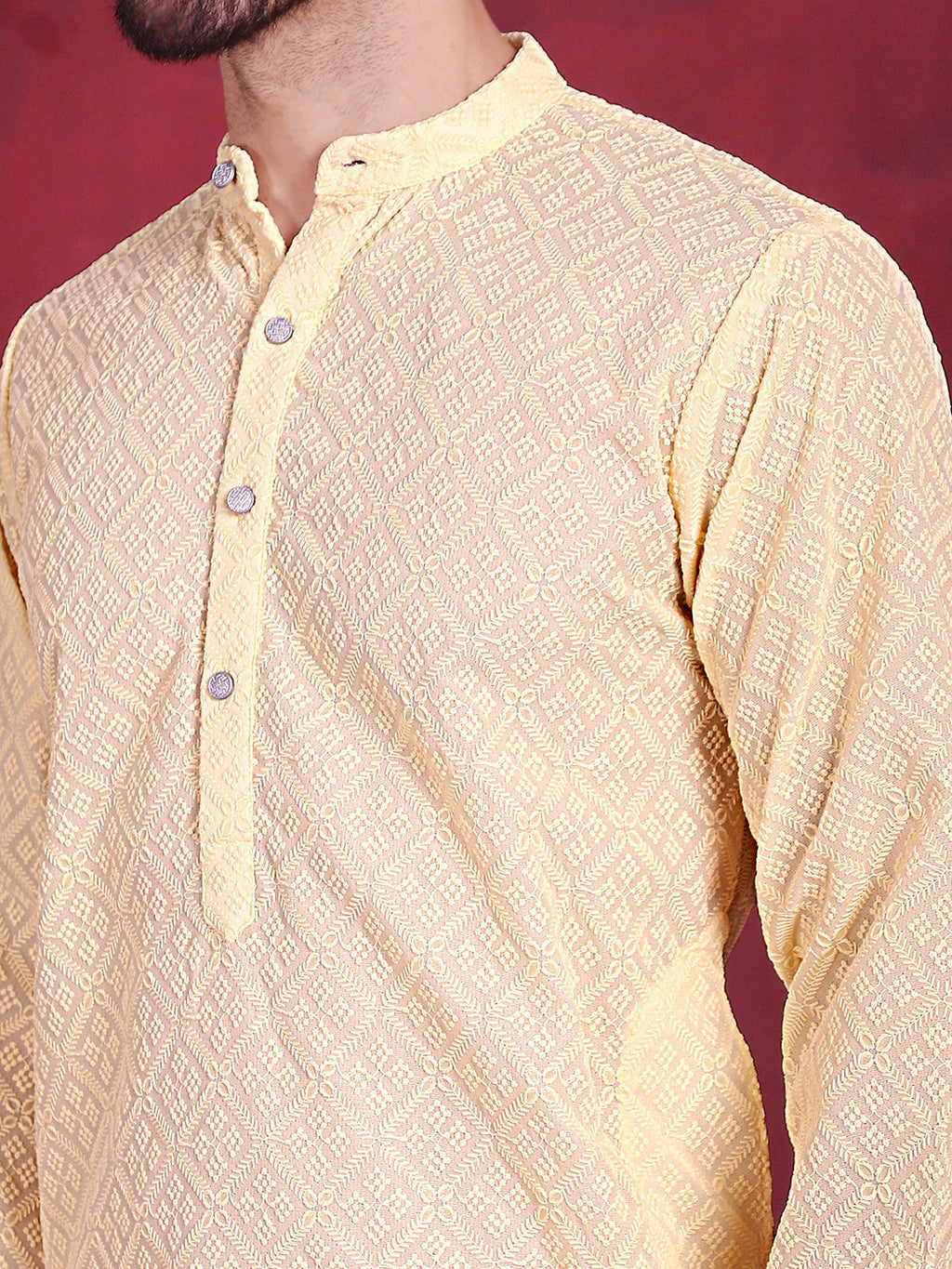 Jompers Men's Chikankari Embroidered Kurta with Pyjama - Yellow | Grocsy