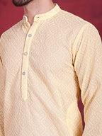 Jompers Men's Chikankari Embroidered Kurta with Pyjama - Yellow | Grocsy