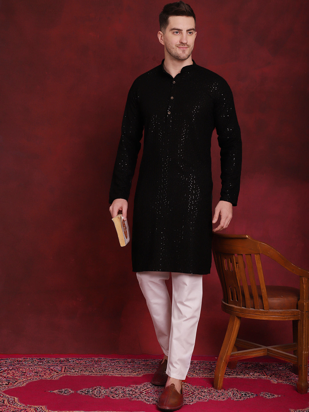 Jompers Men's Sequins Chikankari Kurta with Pyjama - Black | Grocsy