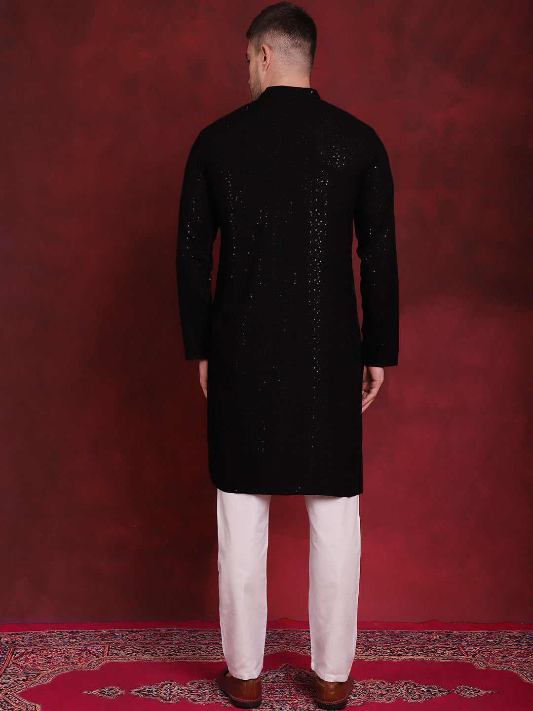 Jompers Men's Sequins Chikankari Kurta with Pyjama - Black | Grocsy