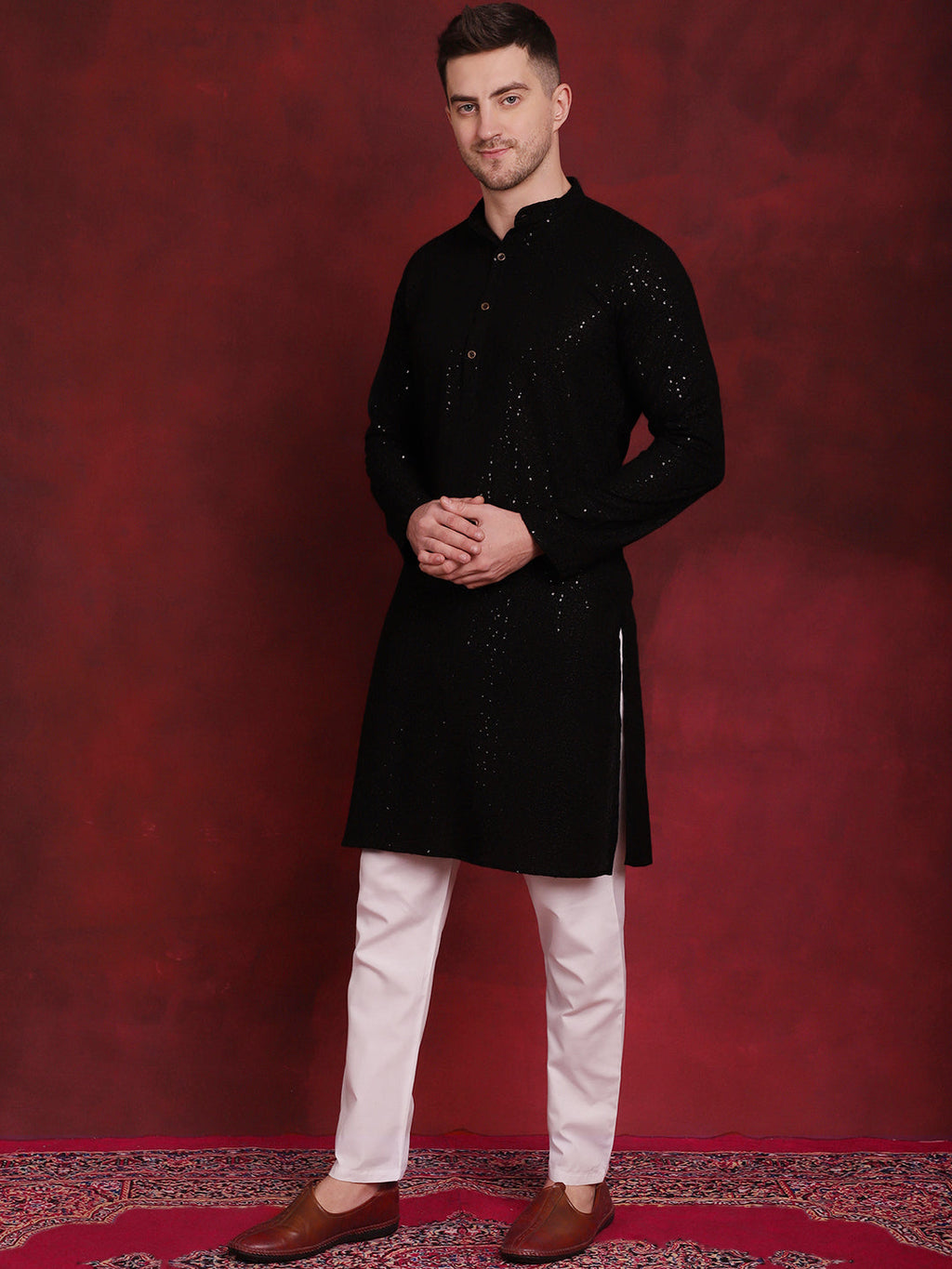 Jompers Men's Sequins Chikankari Kurta with Pyjama - Black | Grocsy