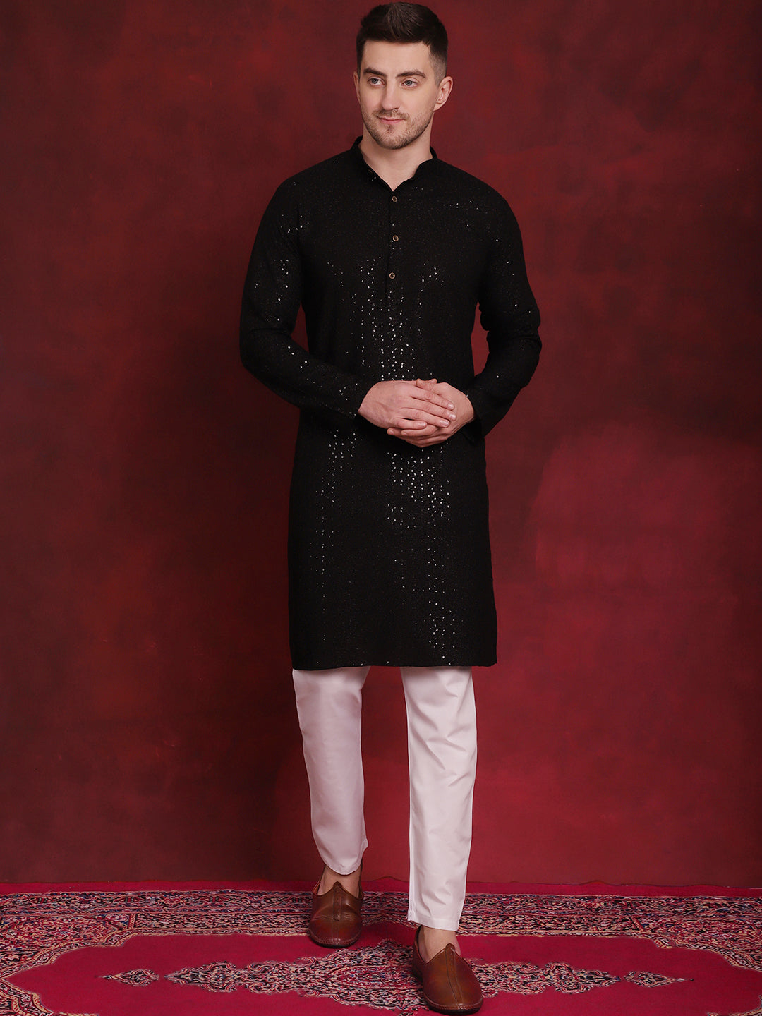 Jompers Men's Sequins Chikankari Kurta with Pyjama - Black | Grocsy