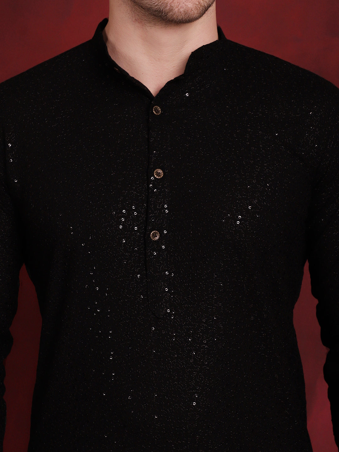 Jompers Men's Sequins Chikankari Kurta with Pyjama - Black | Grocsy