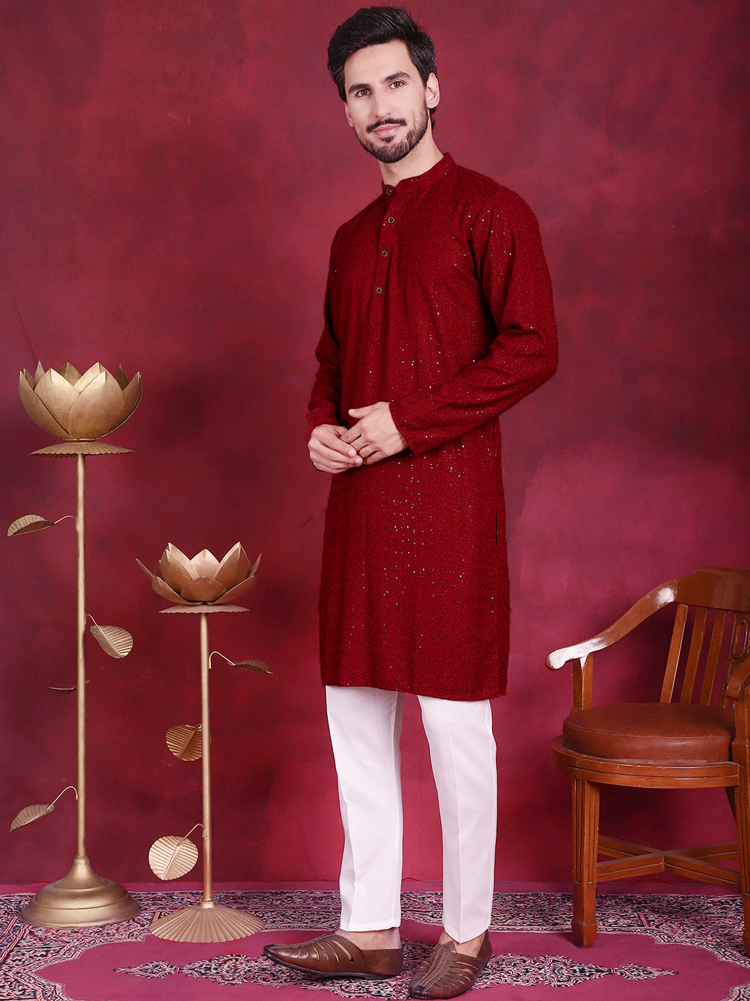 Jompers Men's Sequins Chikankari Kurta with Pyjama - Maroon | Grocsy