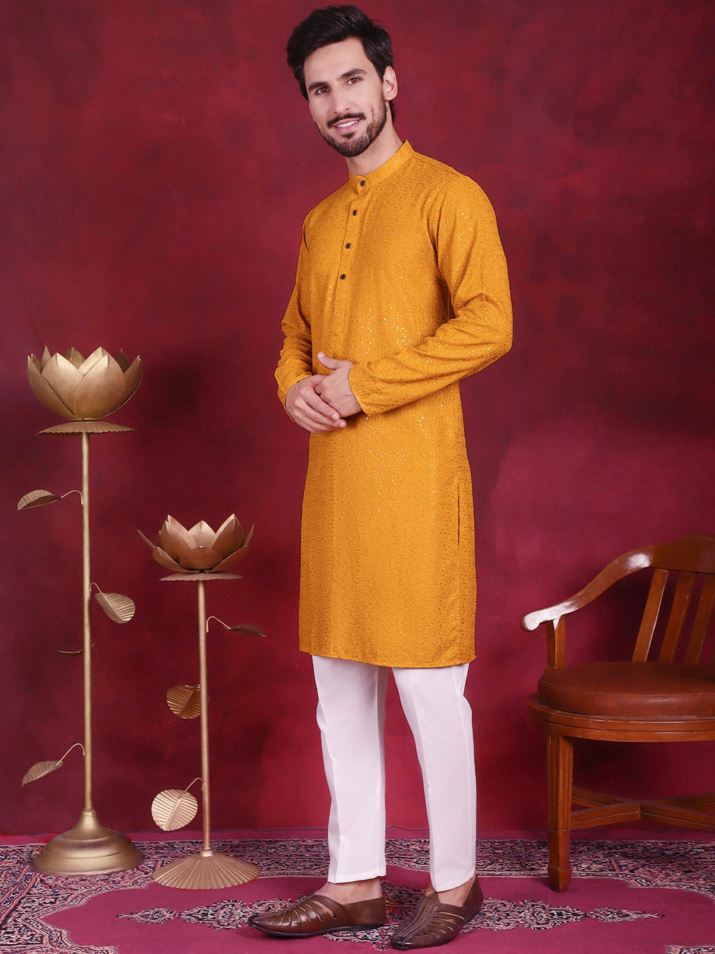 Jompers Men's Sequins Chikankari Kurta with Pyjama - Mustard | Grocsy