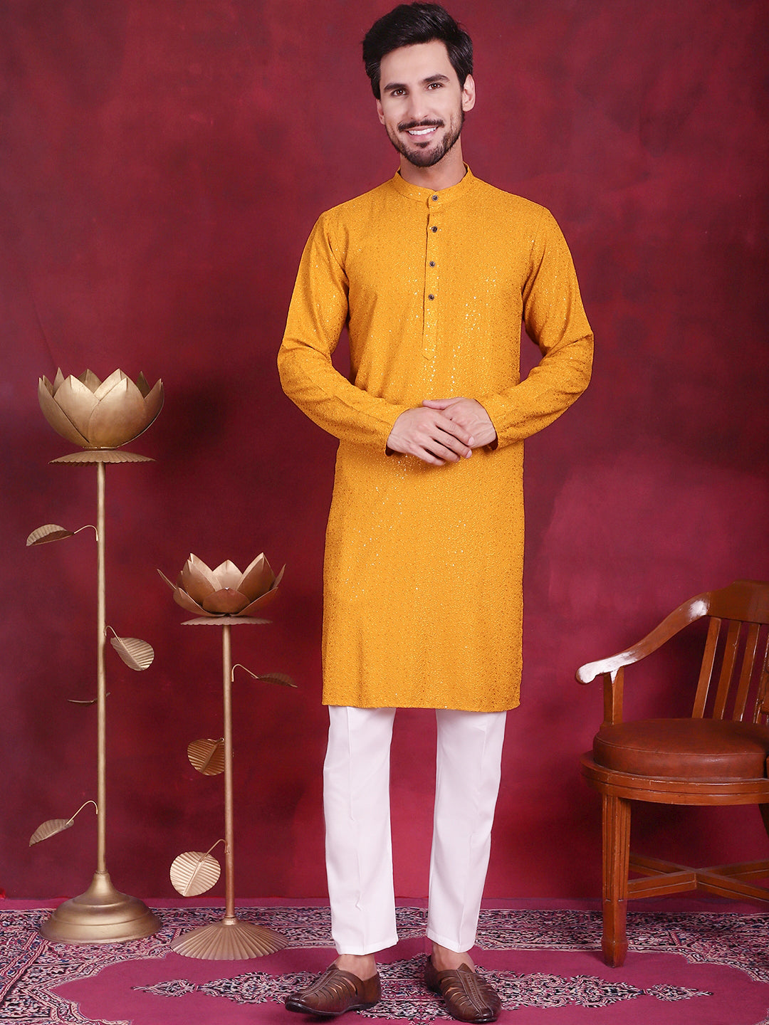Jompers Men's Sequins Chikankari Kurta with Pyjama - Mustard | Grocsy