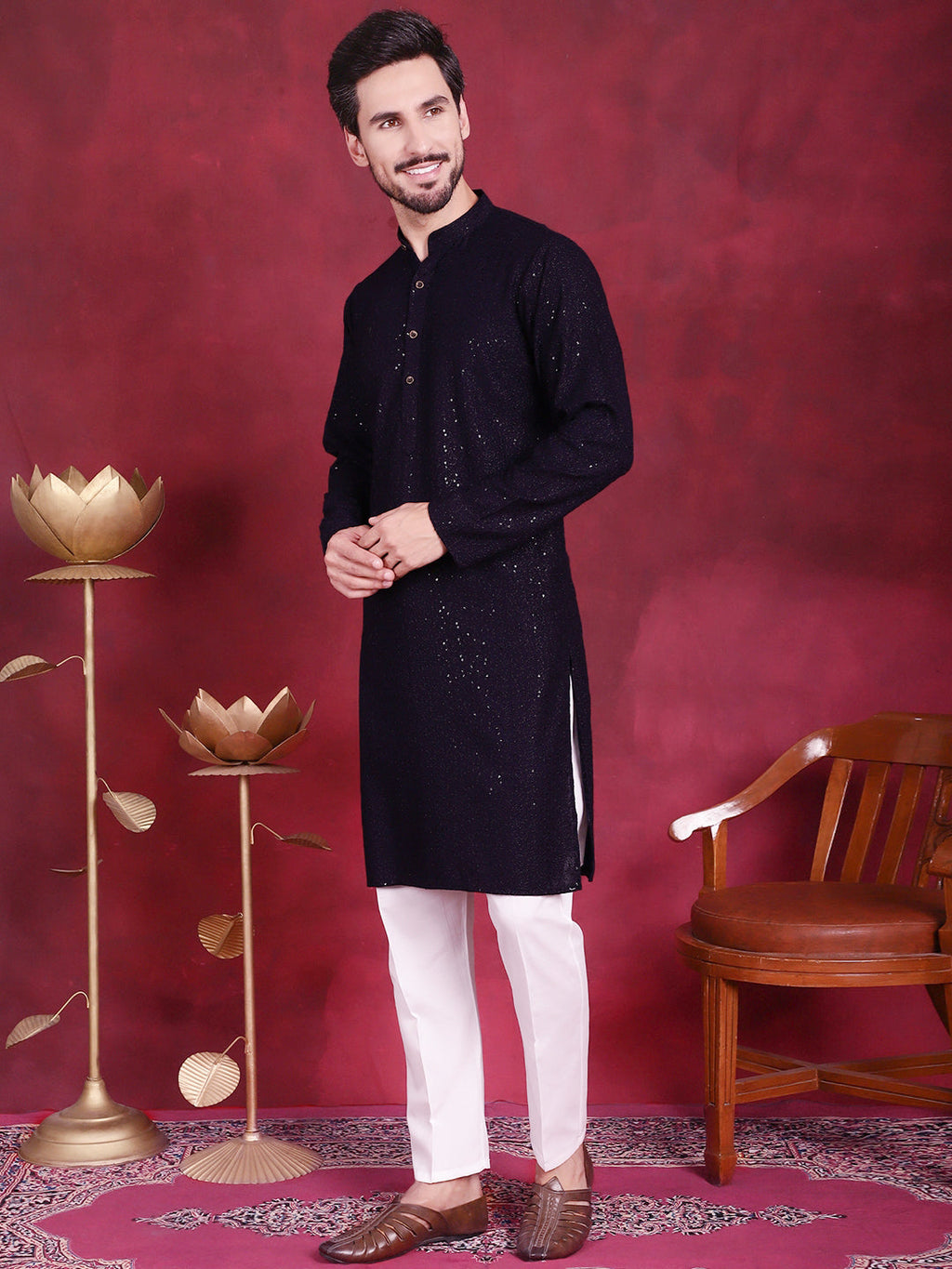 Jompers Men's Sequins Chikankari Kurta with Pyjama - Navy Blue | Grocsy