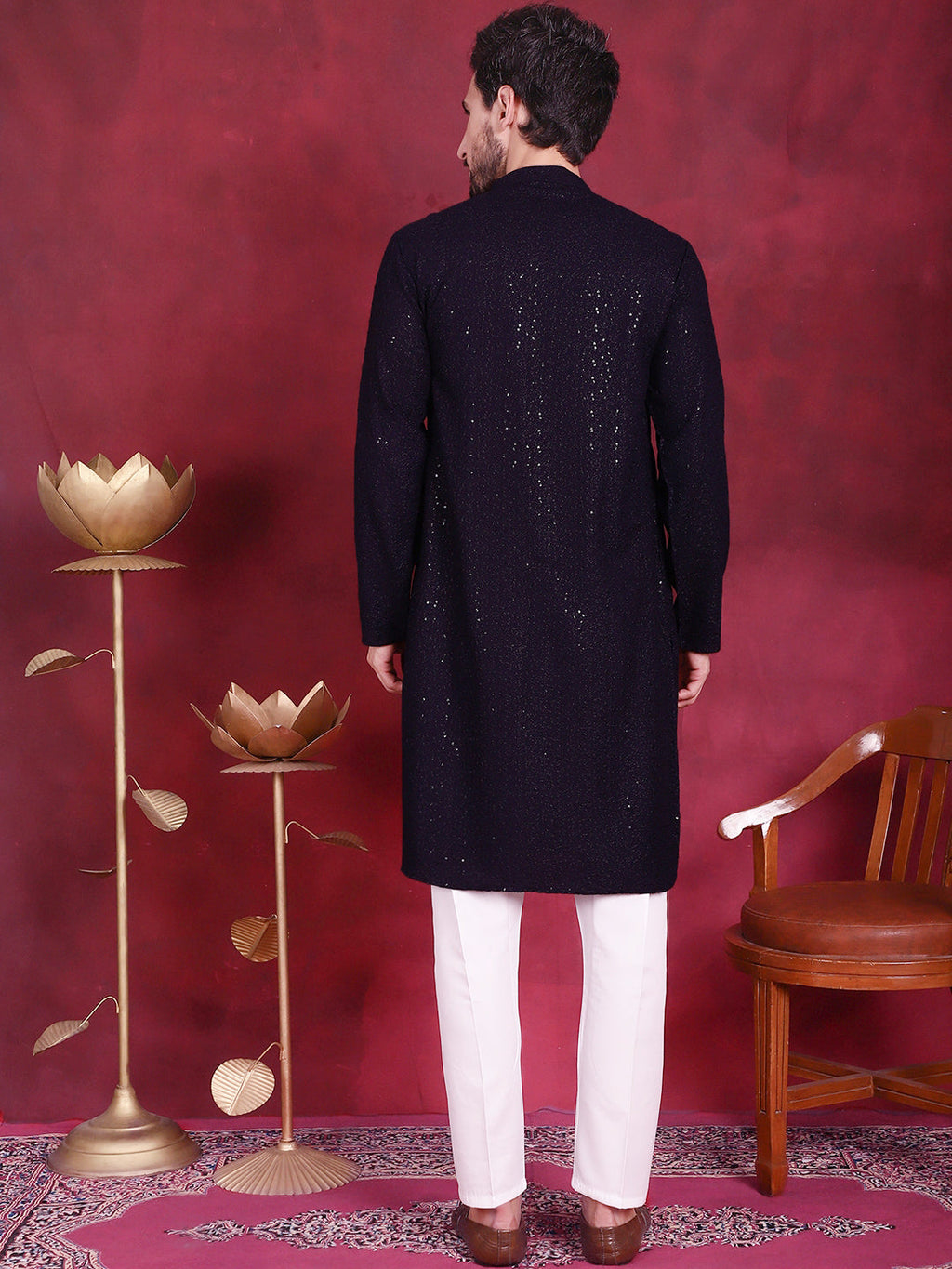 Jompers Men's Sequins Chikankari Kurta with Pyjama - Navy Blue | Grocsy