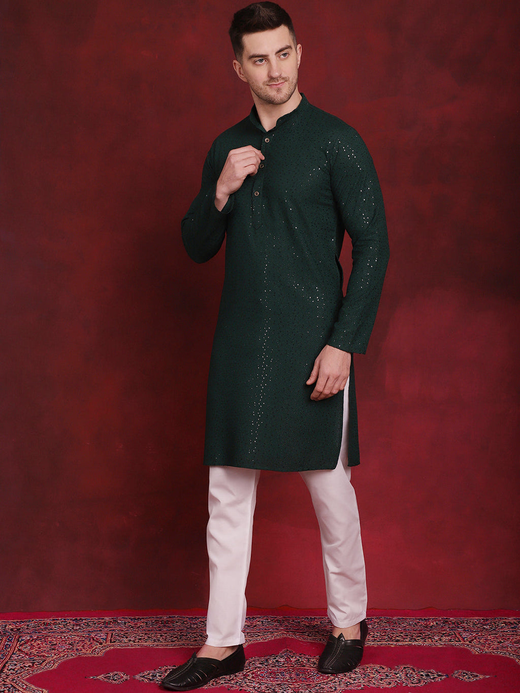 Jompers Men's Sequins Chikankari Kurta with Pyjama - Olive | Grocsy