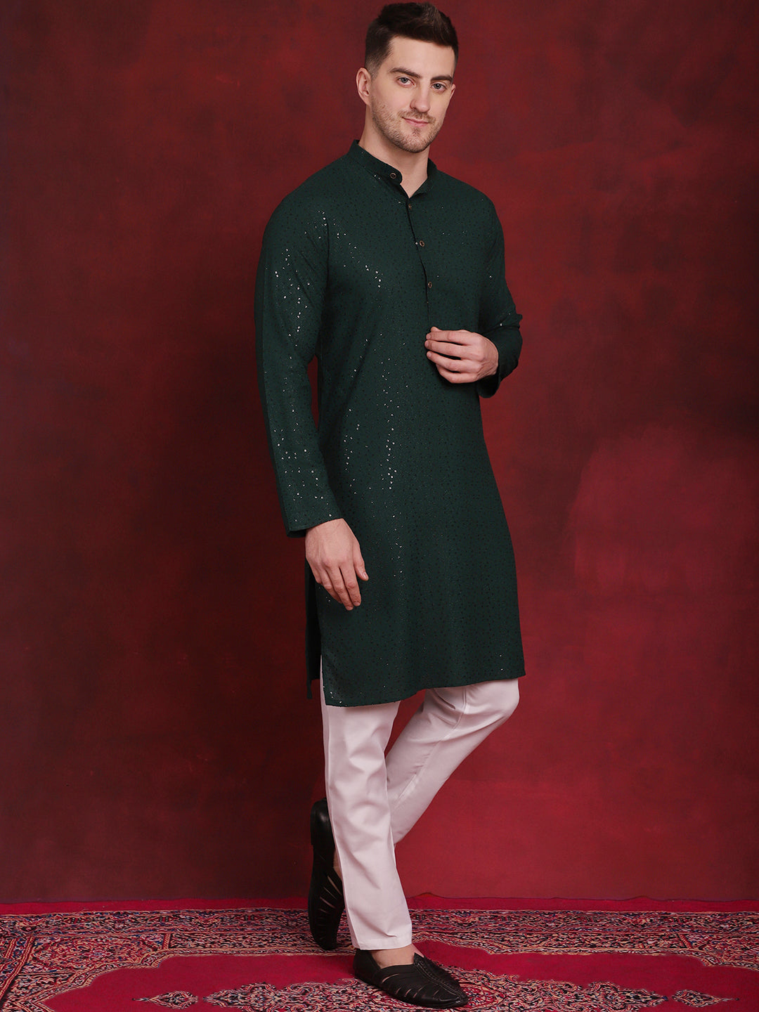 Jompers Men's Sequins Chikankari Kurta with Pyjama - Olive | Grocsy