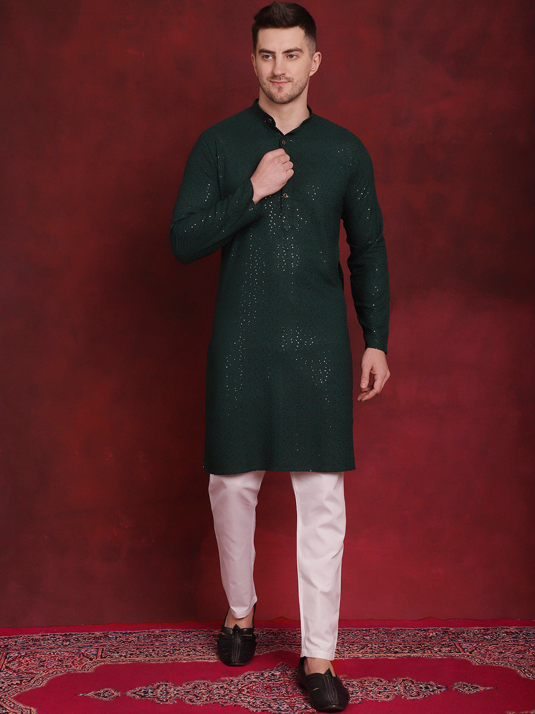 Jompers Men's Sequins Chikankari Kurta with Pyjama - Olive | Grocsy