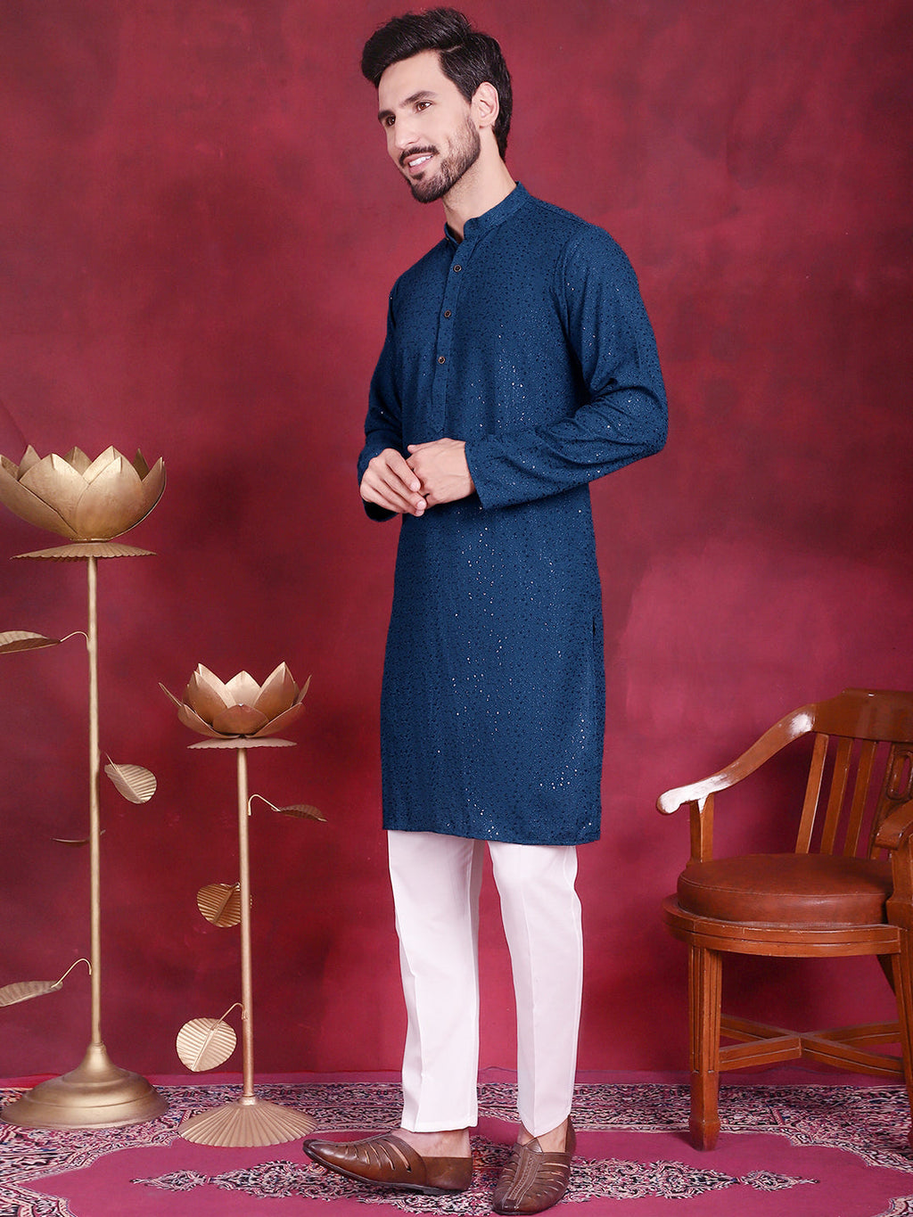 Jompers Men's Sequins Chikankari Kurta with Pyjama - Peacock | Grocsy