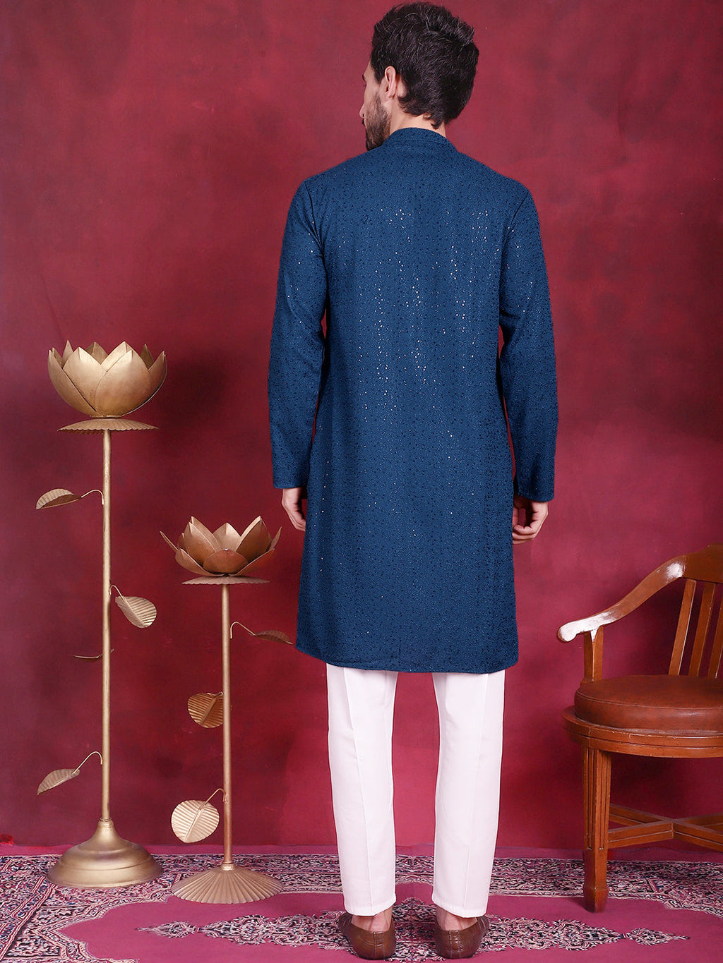 Jompers Men's Sequins Chikankari Kurta with Pyjama - Peacock | Grocsy