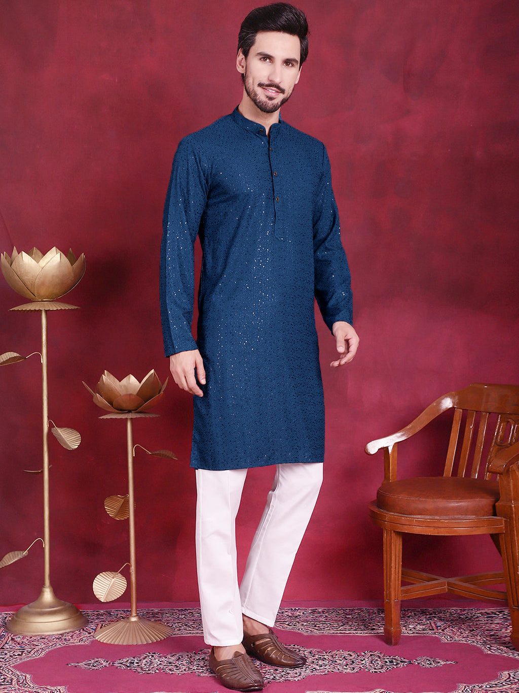 Jompers Men's Sequins Chikankari Kurta with Pyjama - Peacock | Grocsy