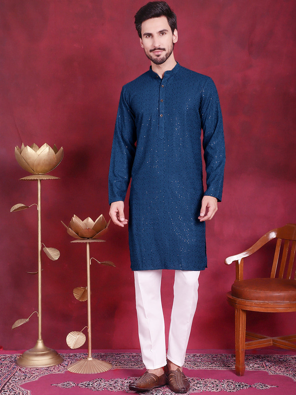 Jompers Men's Sequins Chikankari Kurta with Pyjama - Peacock | Grocsy
