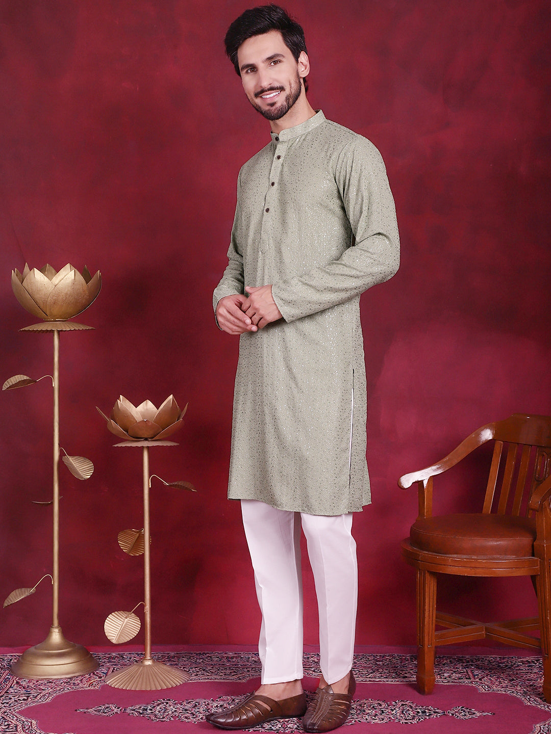 Jompers Men's Sequins Chikankari Kurta with Pyjama - Pista | Grocsy