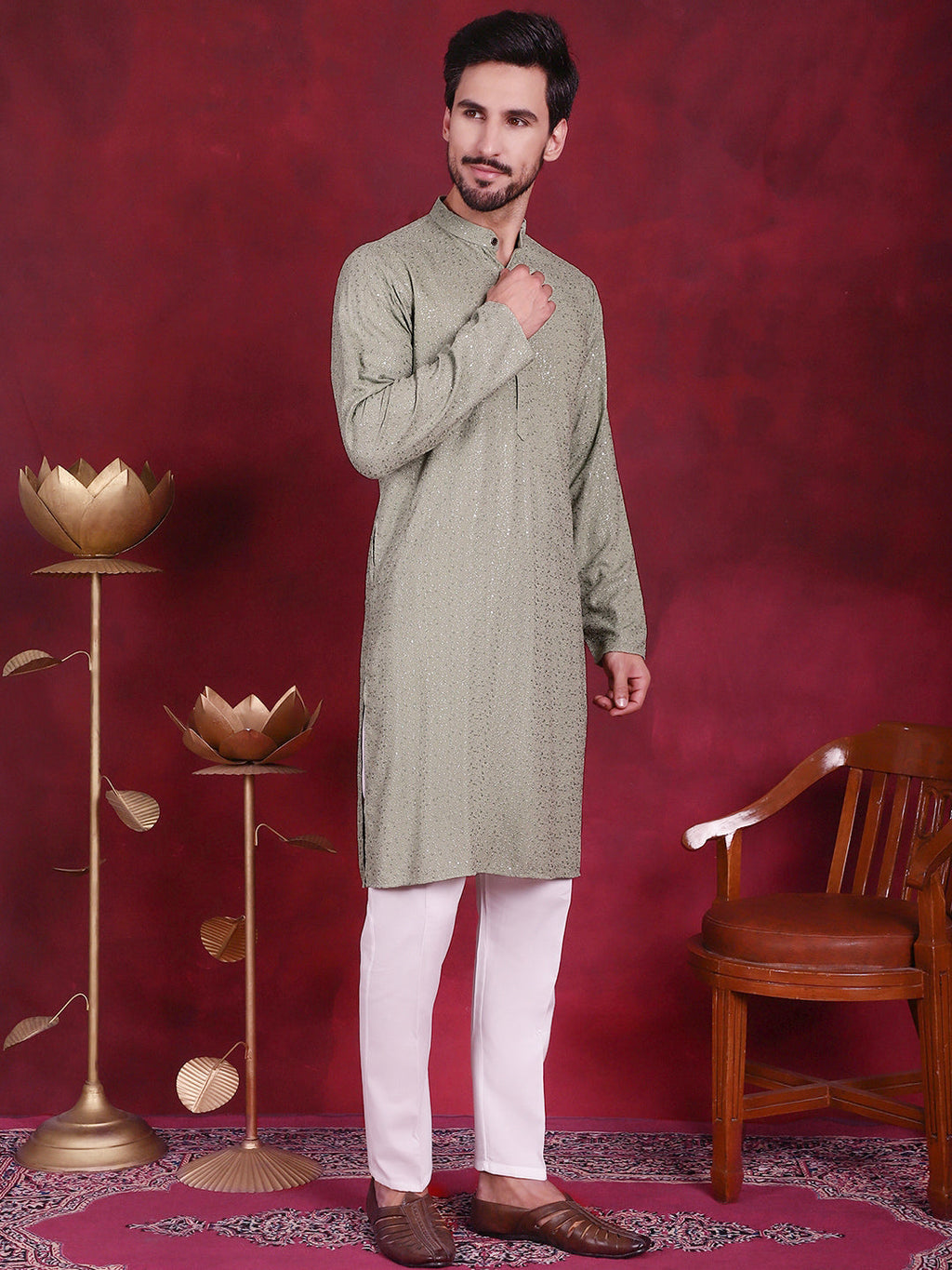 Jompers Men's Sequins Chikankari Kurta with Pyjama - Pista | Grocsy