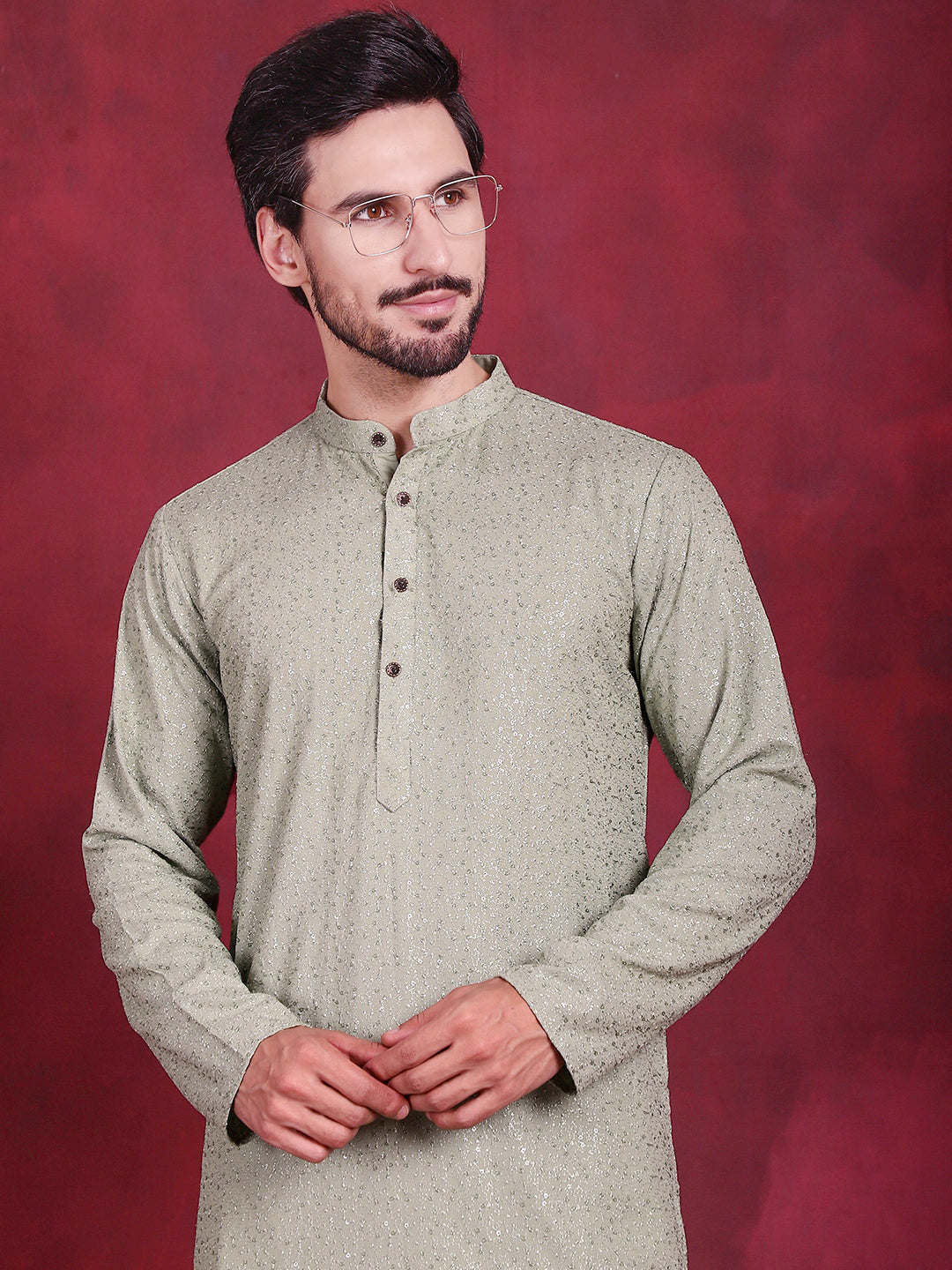 Jompers Men's Sequins Chikankari Kurta with Pyjama - Pista | Grocsy