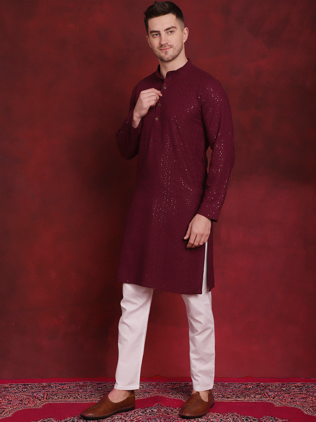 Jompers Men's Sequins Chikankari Kurta with Pyjama - Purple | Grocsy