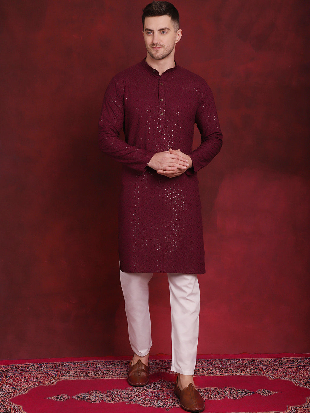 Jompers Men's Sequins Chikankari Kurta with Pyjama - Purple | Grocsy
