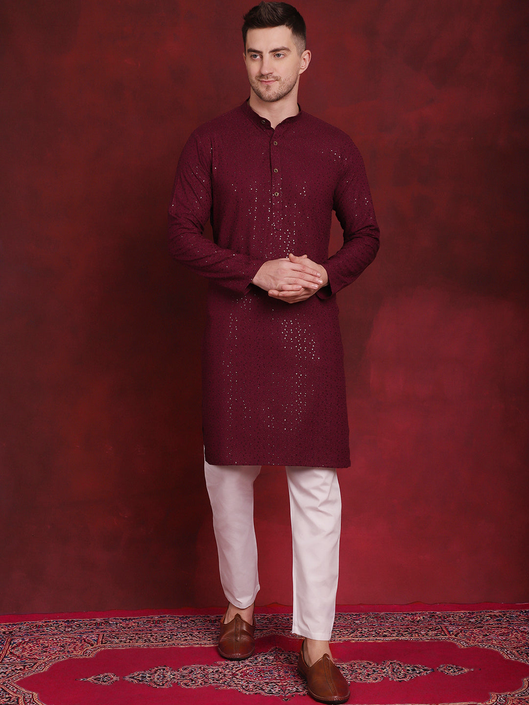 Jompers Men's Sequins Chikankari Kurta with Pyjama - Purple | Grocsy